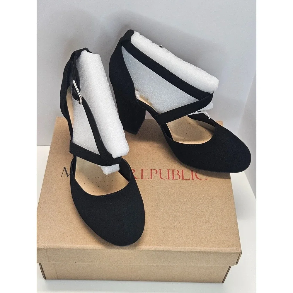 Pumps Chunky Heels Black Nubuck Suede Ankle Strappy With Buckle Women Size‎ 5.5